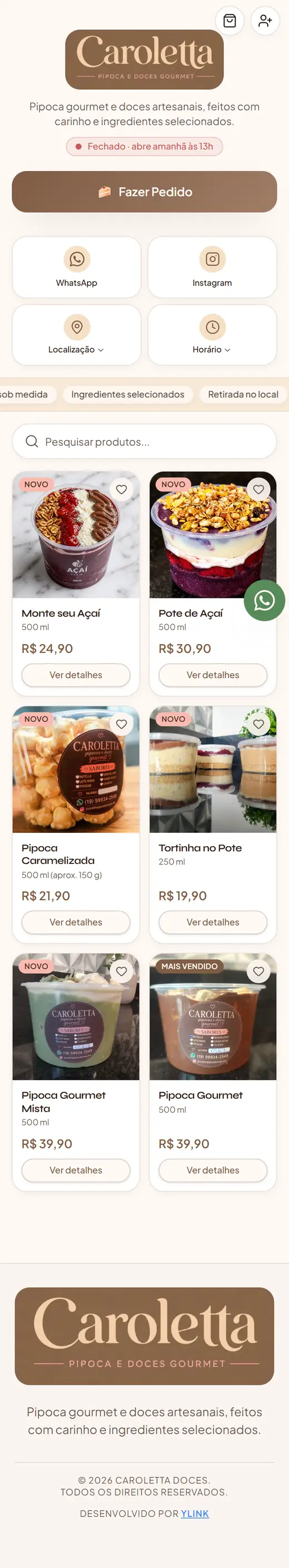 Caroletta Doces: site feito pela Ylink, rolando