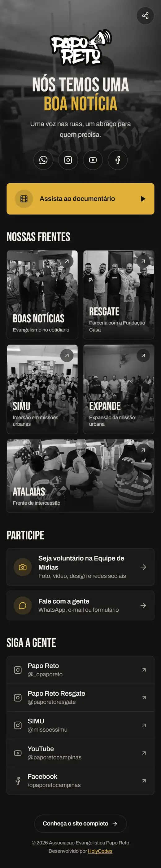 Associação Papo Reto: site feito pela Ylink, rolando